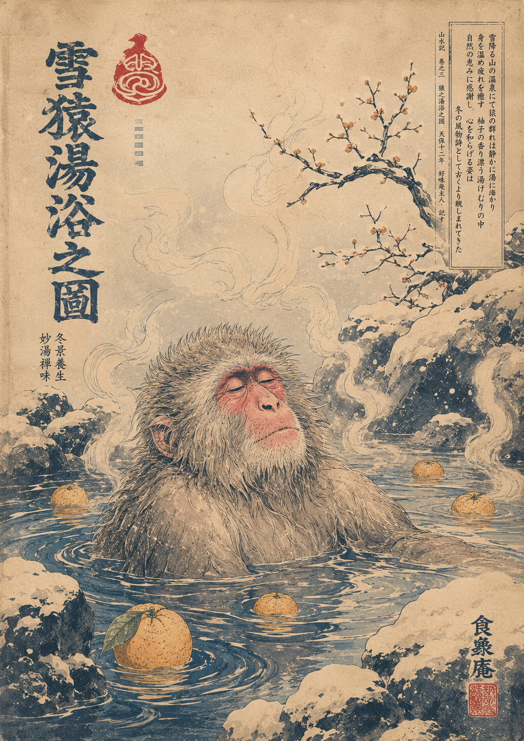 Snow Monkey Yuzu Onsen Japanese Retro Poster Print