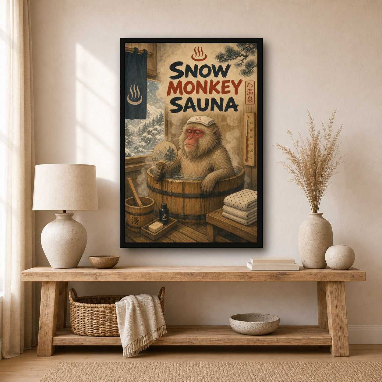 Snowmonkeysauna Japanese Retro Poster Print - 2x3 room mockup
