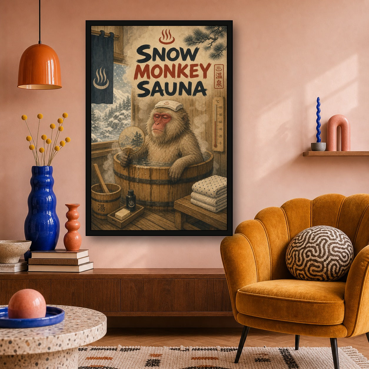 Snowmonkeysauna Japanese Retro Poster Print - 2x3 room mockup