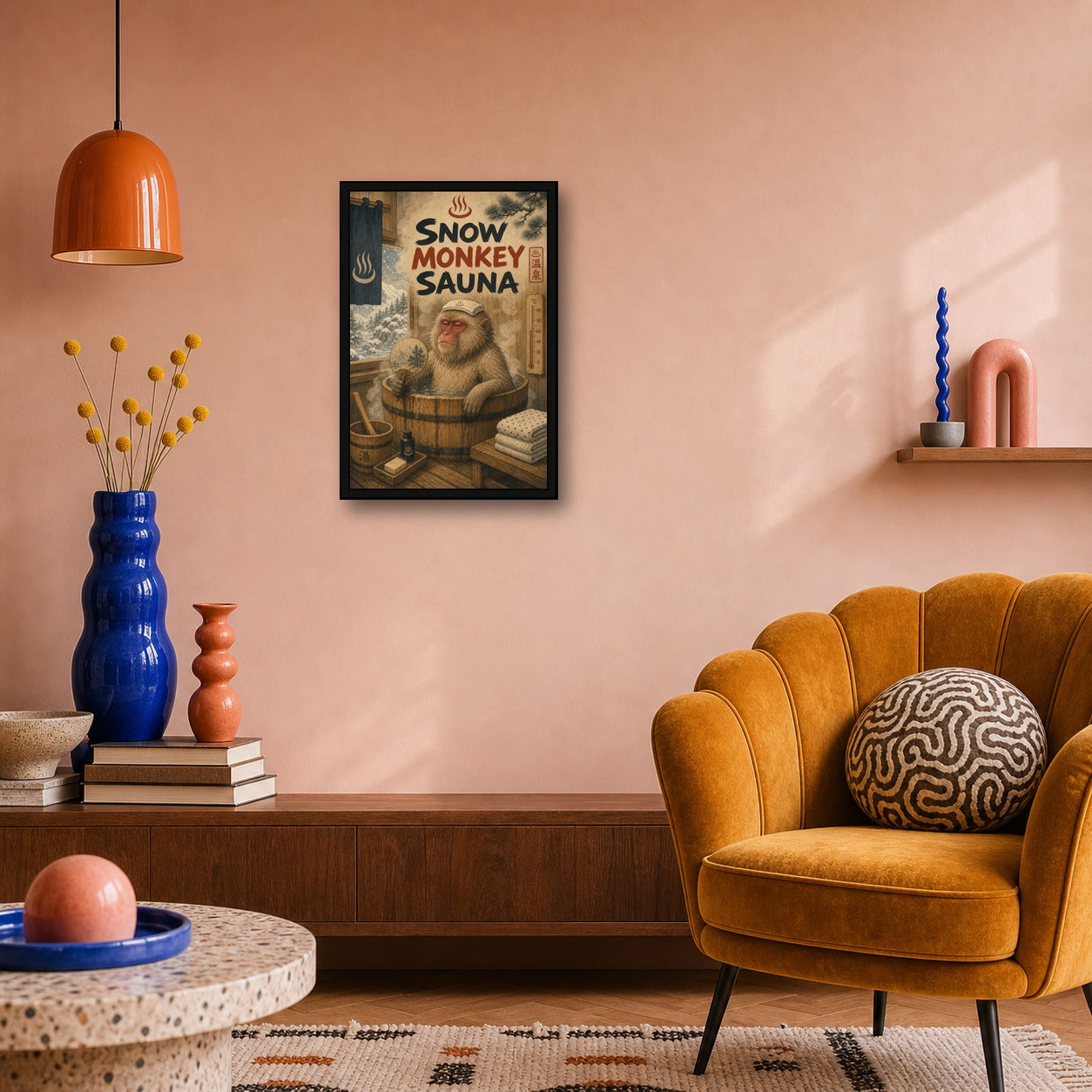 Snowmonkeysauna Japanese Retro Poster Print - 2x3 room mockup
