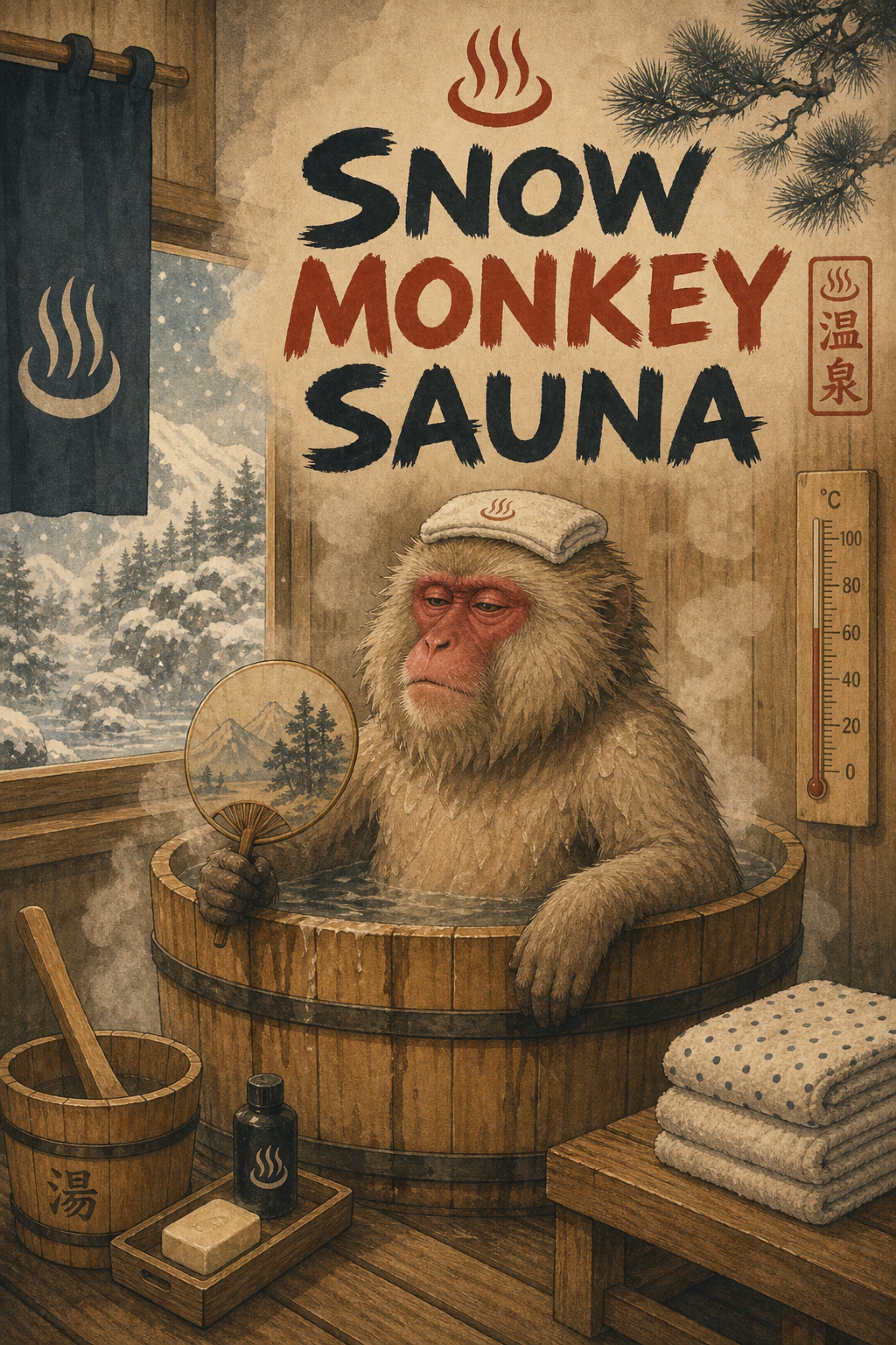 Snowmonkeysauna Japanese Retro Poster Print