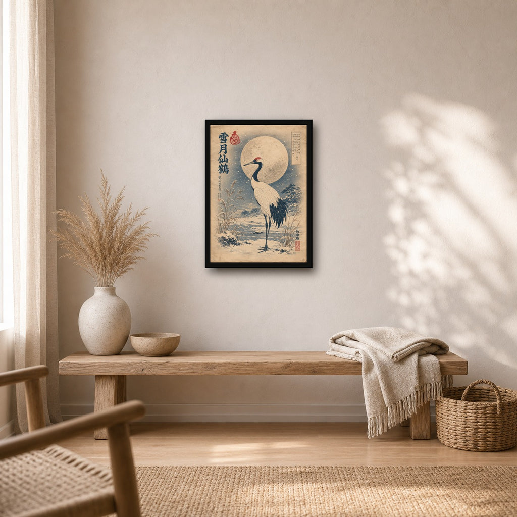 Snowy Crane Moon Japanese Retro Poster Print - A room mockup