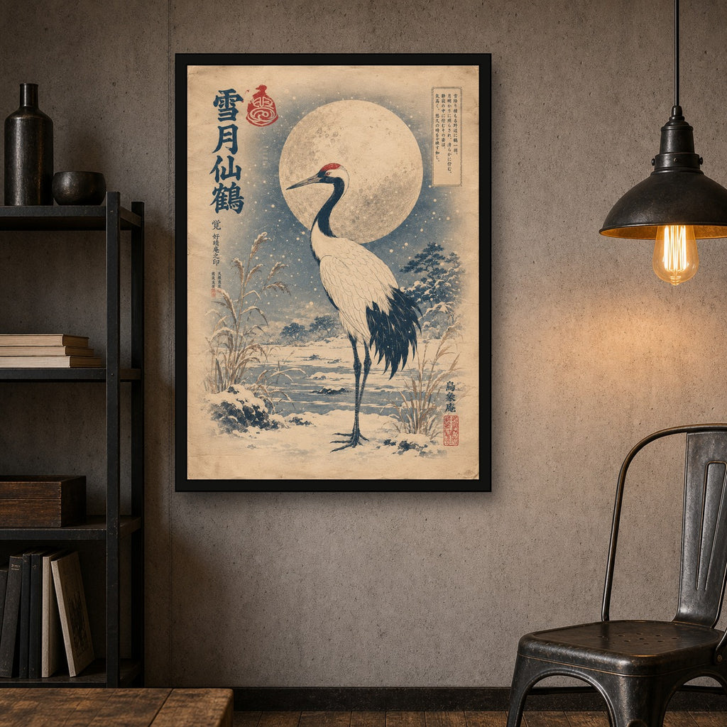 Snowy Crane Moon Japanese Retro Poster Print - A room mockup