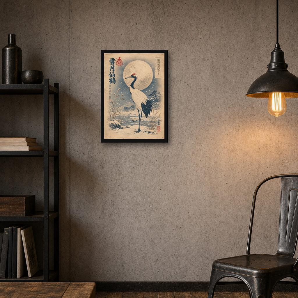 Snowy Crane Moon Japanese Retro Poster Print - A room mockup
