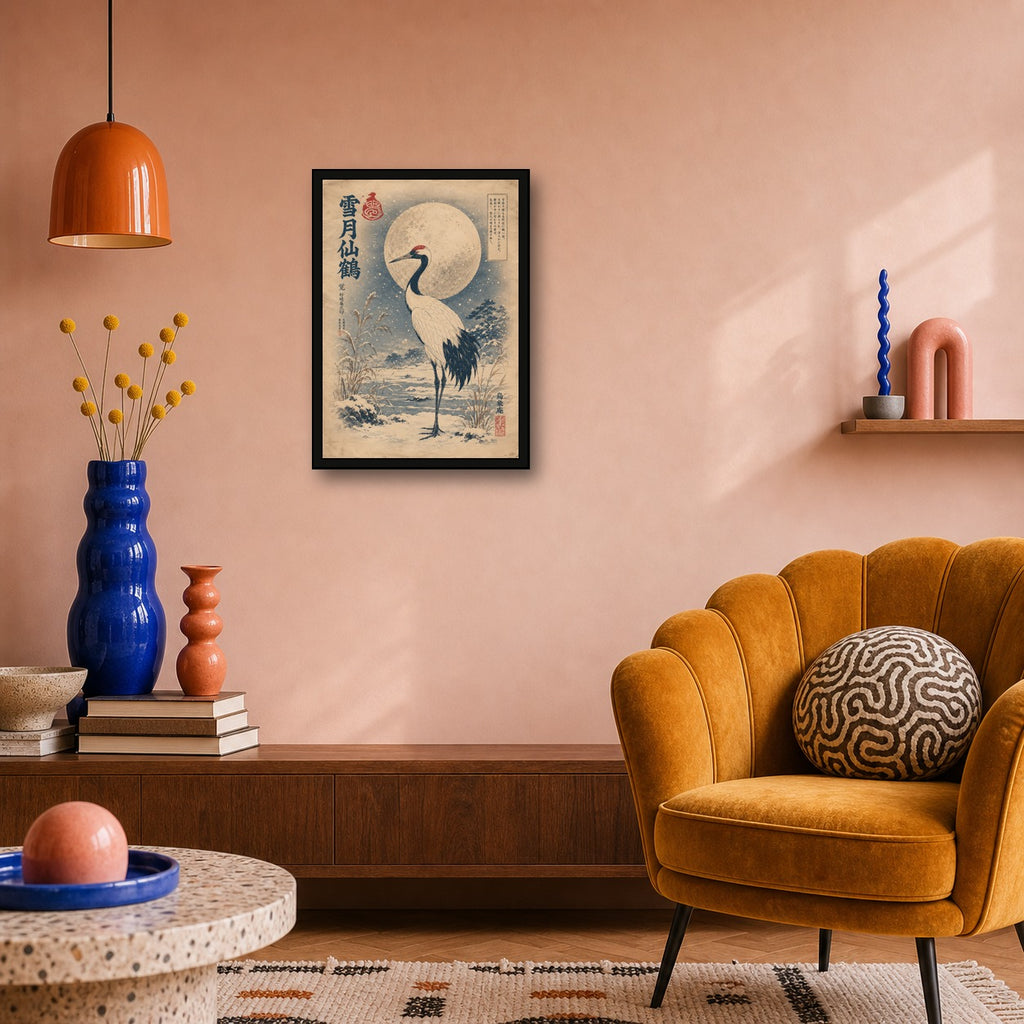 Snowy Crane Moon Japanese Retro Poster Print - A room mockup