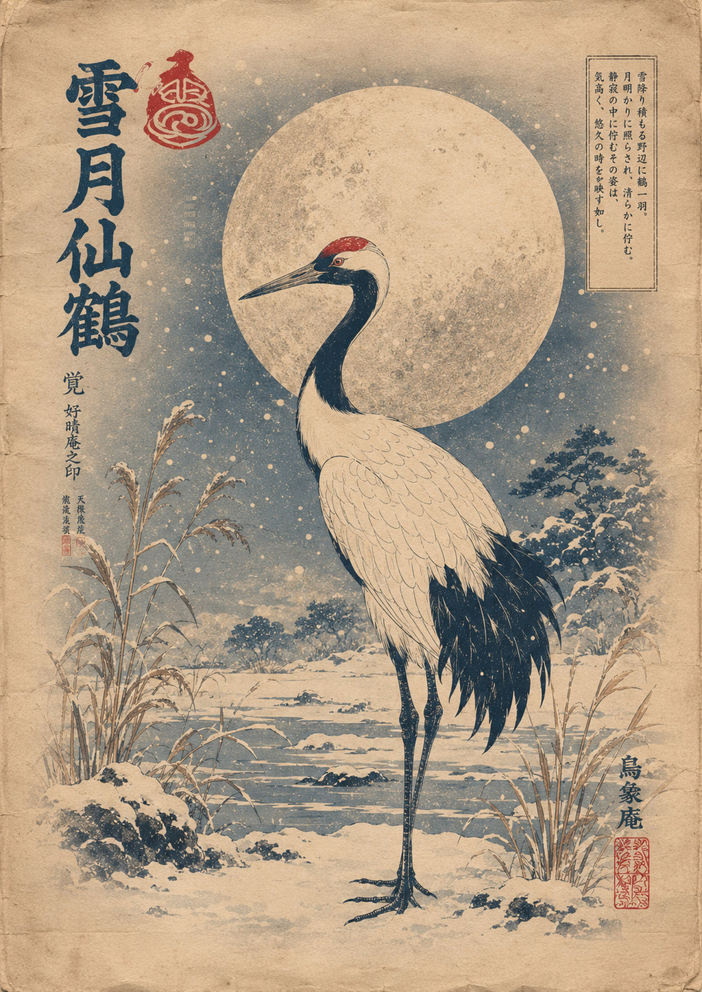 Snowy Crane Moon Japanese Retro Poster Print