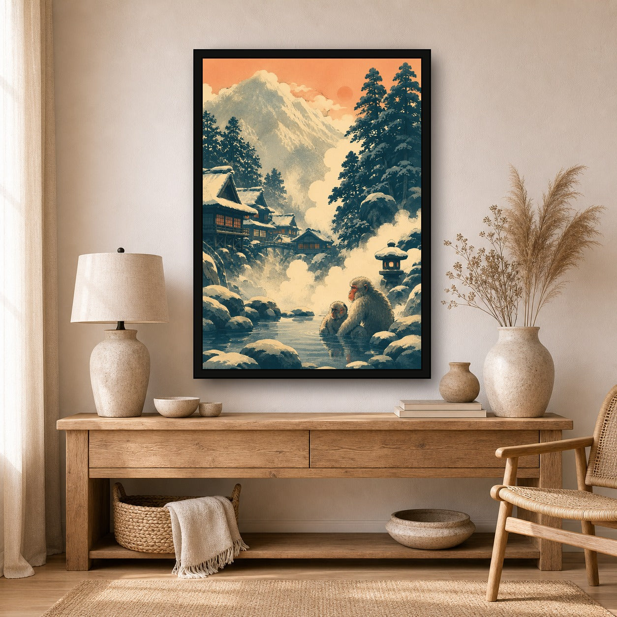 Snowy Mountain Village Japanese Retro Poster Print - A room mockup