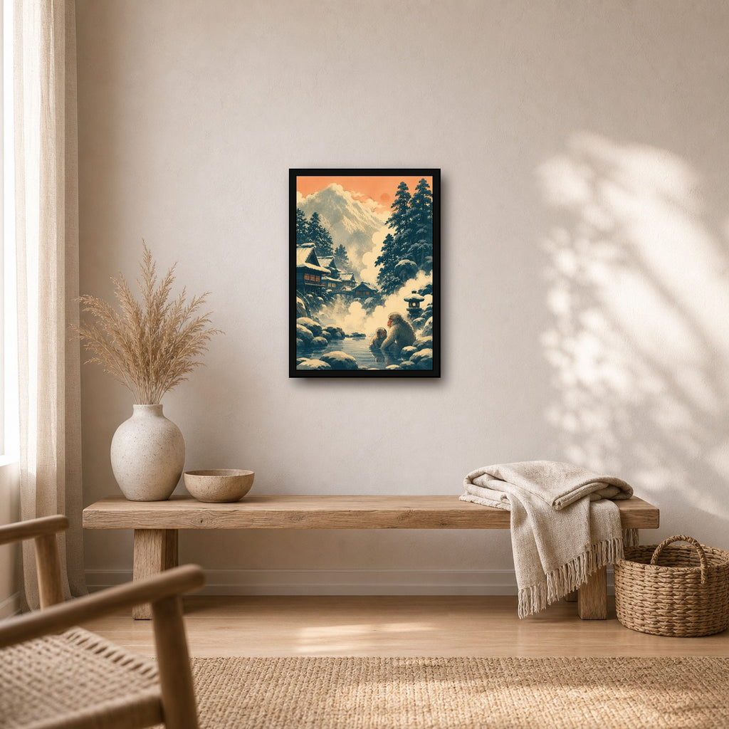 Snowy Mountain Village Japanese Retro Poster Print - A room mockup