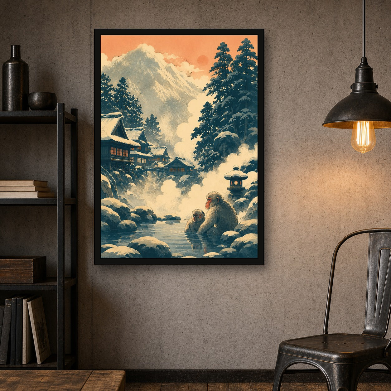 Snowy Mountain Village Japanese Retro Poster Print - A room mockup