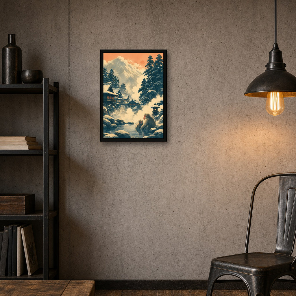 Snowy Mountain Village Japanese Retro Poster Print - A room mockup