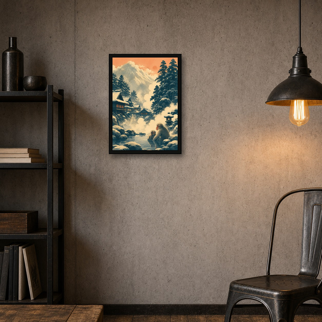 Snowy Mountain Village Japanese Retro Poster Print - A room mockup