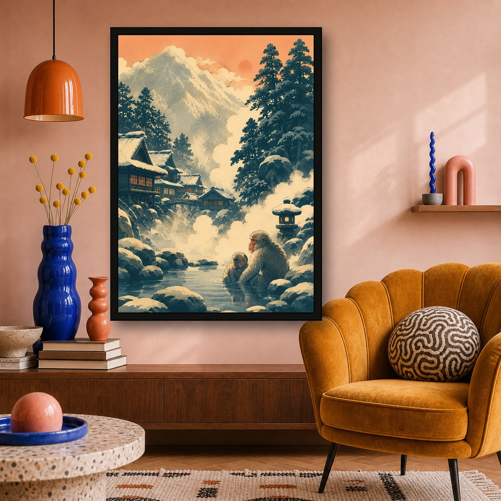 Snowy Mountain Village Japanese Retro Poster Print - A room mockup