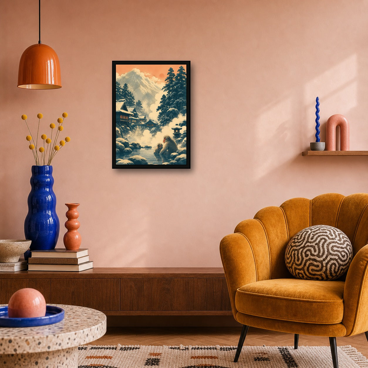 Snowy Mountain Village Japanese Retro Poster Print - A room mockup