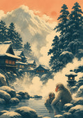 Snowy Mountain Village Japanese Retro Poster Print