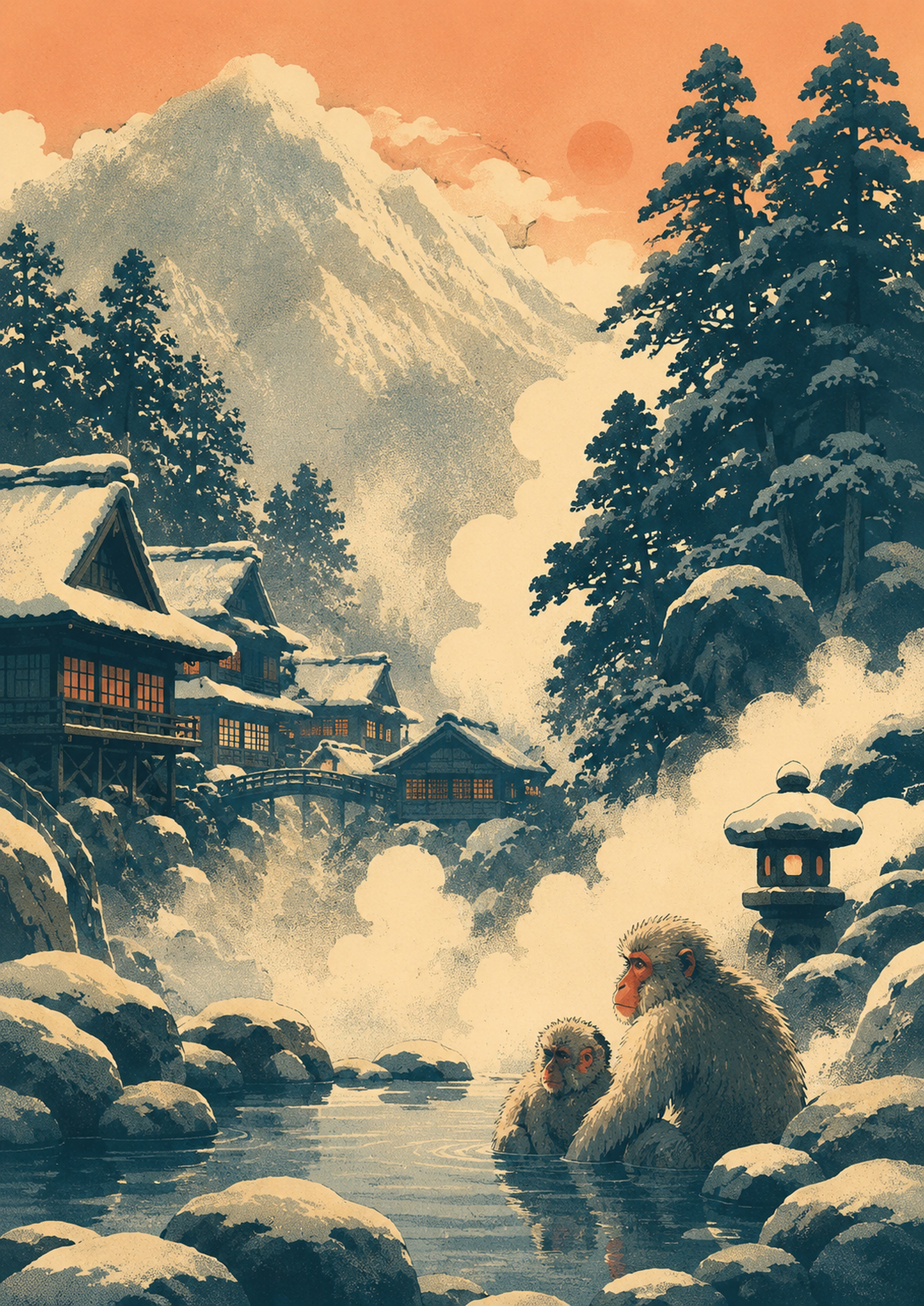 Snowy Mountain Village Japanese Retro Poster Print