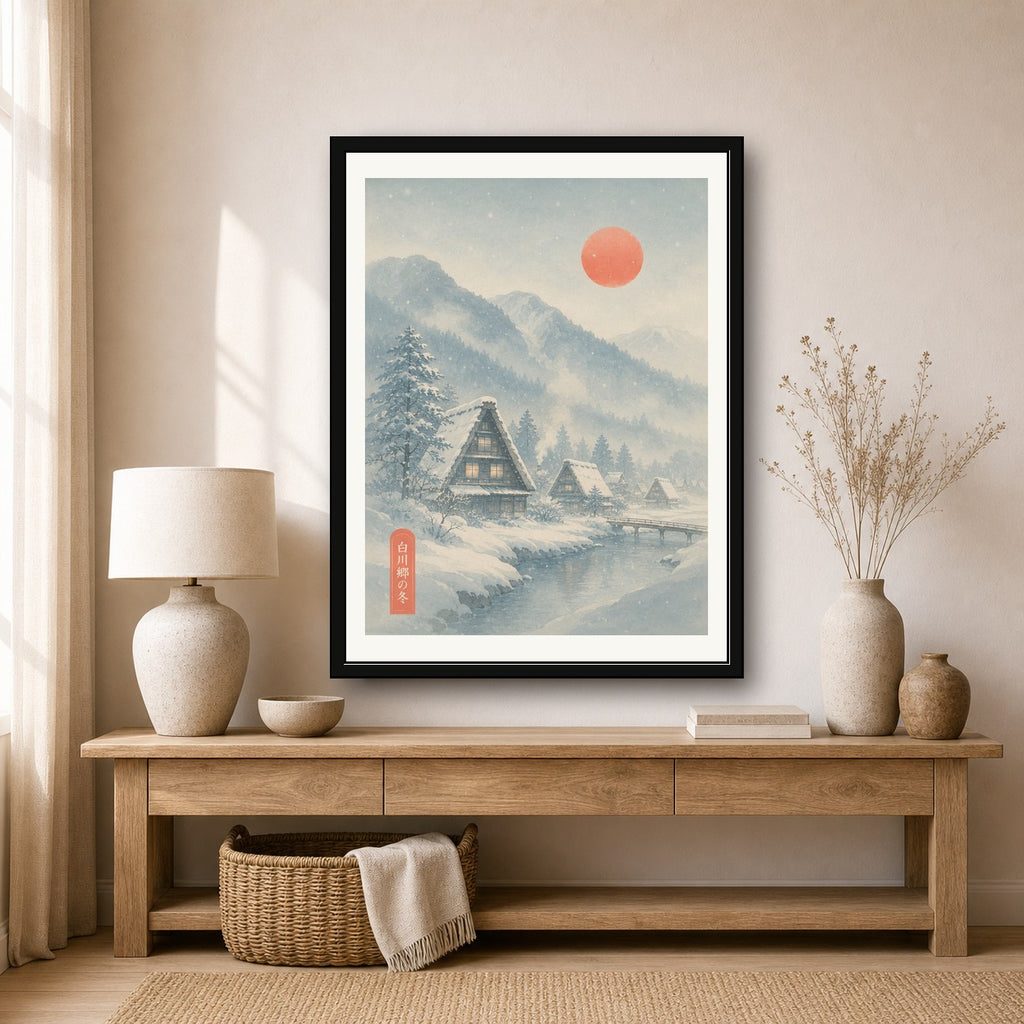 Snowy Shirakawa-go Village Print: Serene Japan Winter Landscape Poster, Warm Glow Home Decor in Your Choice of Six Sizes - corrected 3x4 room mockup