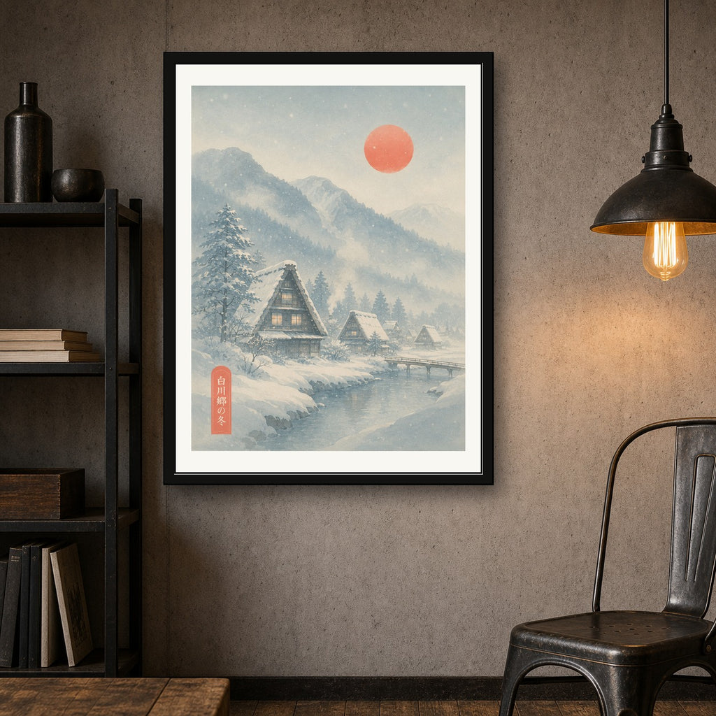 Snowy Shirakawa-go Village Print: Serene Japan Winter Landscape Poster, Warm Glow Home Decor in Your Choice of Six Sizes - corrected 3x4 room mockup