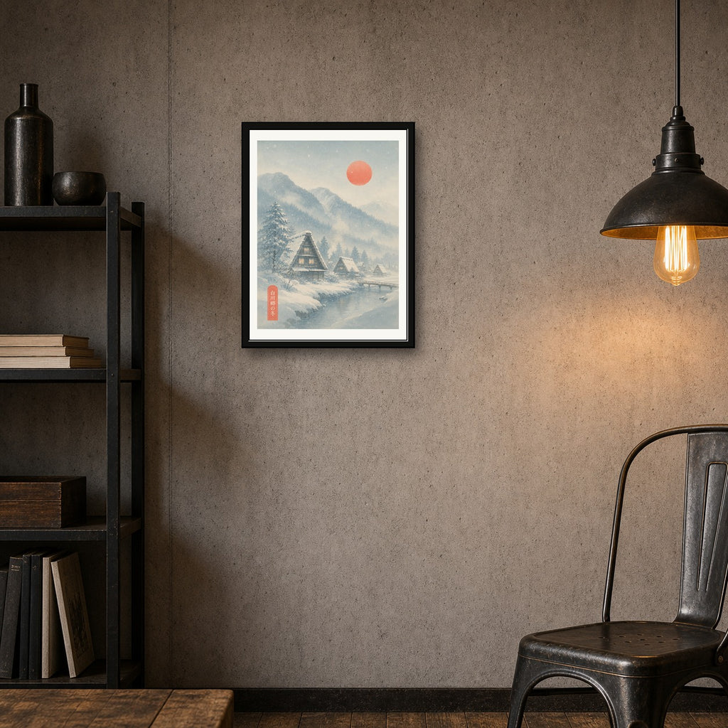 Snowy Shirakawa-go Village Print: Serene Japan Winter Landscape Poster, Warm Glow Home Decor in Your Choice of Six Sizes - corrected 3x4 room mockup