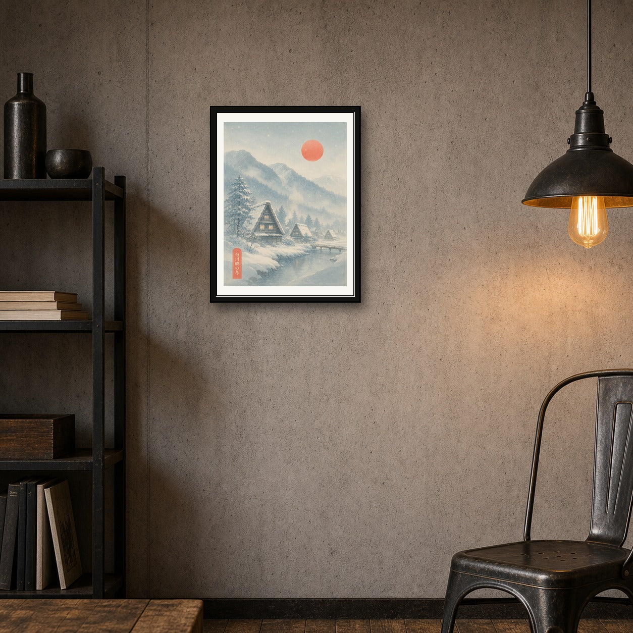 Snowy Shirakawa-go Village Print: Serene Japan Winter Landscape Poster, Warm Glow Home Decor in Your Choice of Six Sizes - corrected 3x4 room mockup