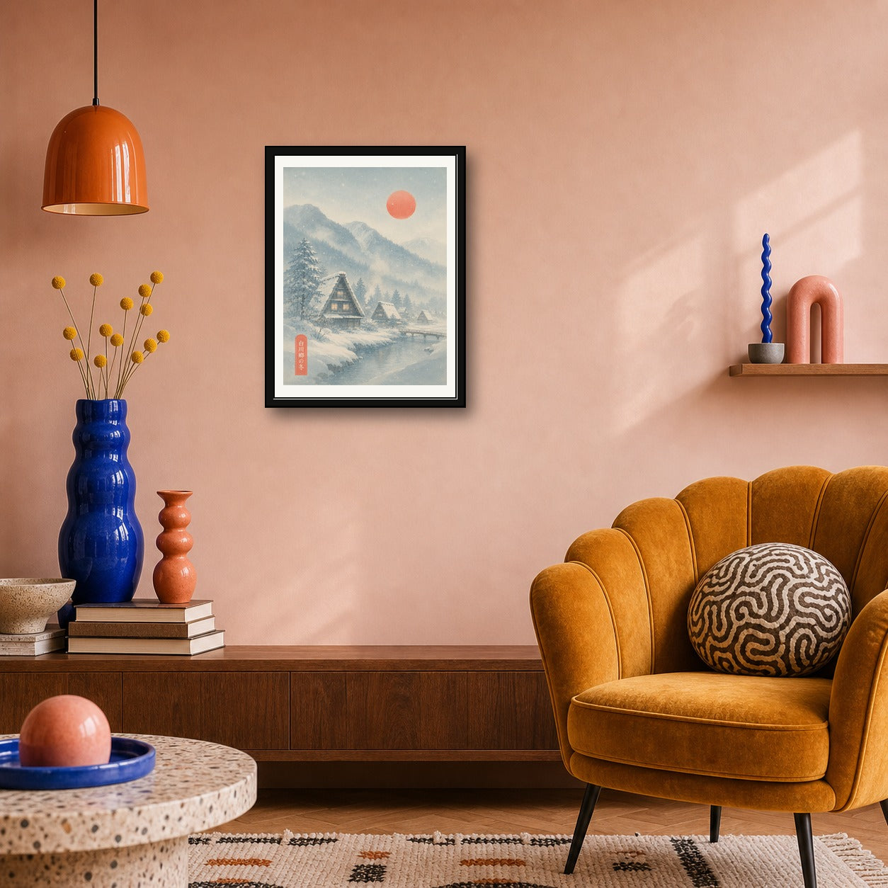 Snowy Shirakawa-go Village Print: Serene Japan Winter Landscape Poster, Warm Glow Home Decor in Your Choice of Six Sizes - corrected 3x4 room mockup