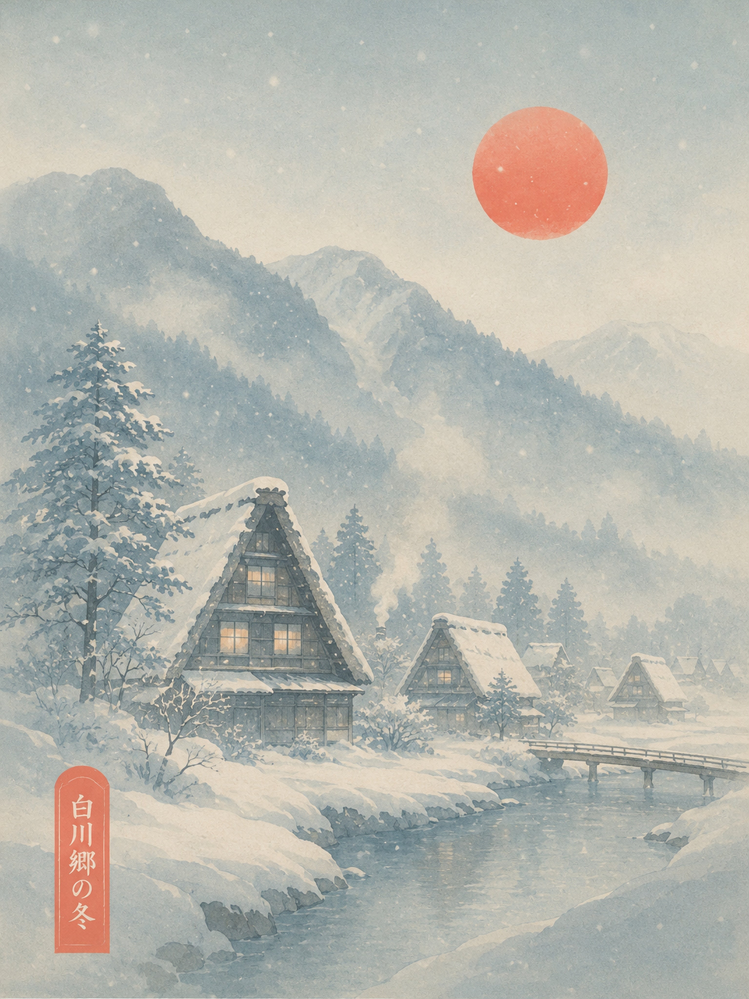 Snowy Shirakawa-go Village Print: Serene Japan Winter Landscape Poster, Warm Glow Home Decor in Your Choice of Six Sizes - corrected 3x4 flat artwork