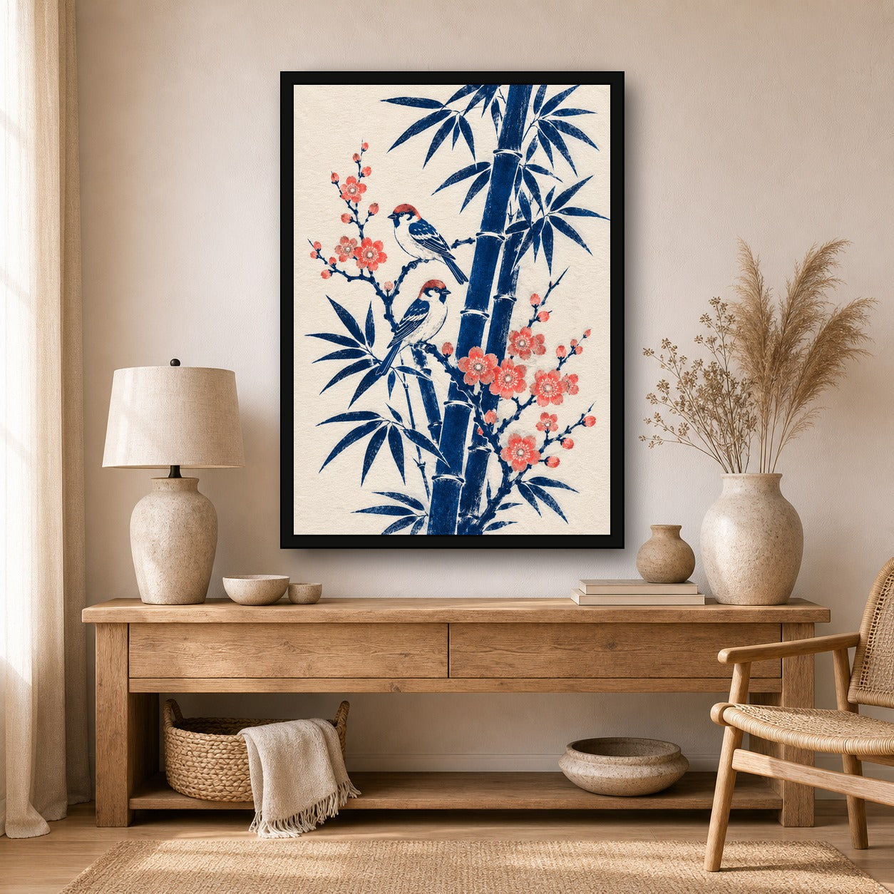 Sparrows Bamboo Blossom Japanese Retro Poster Print - A room mockup