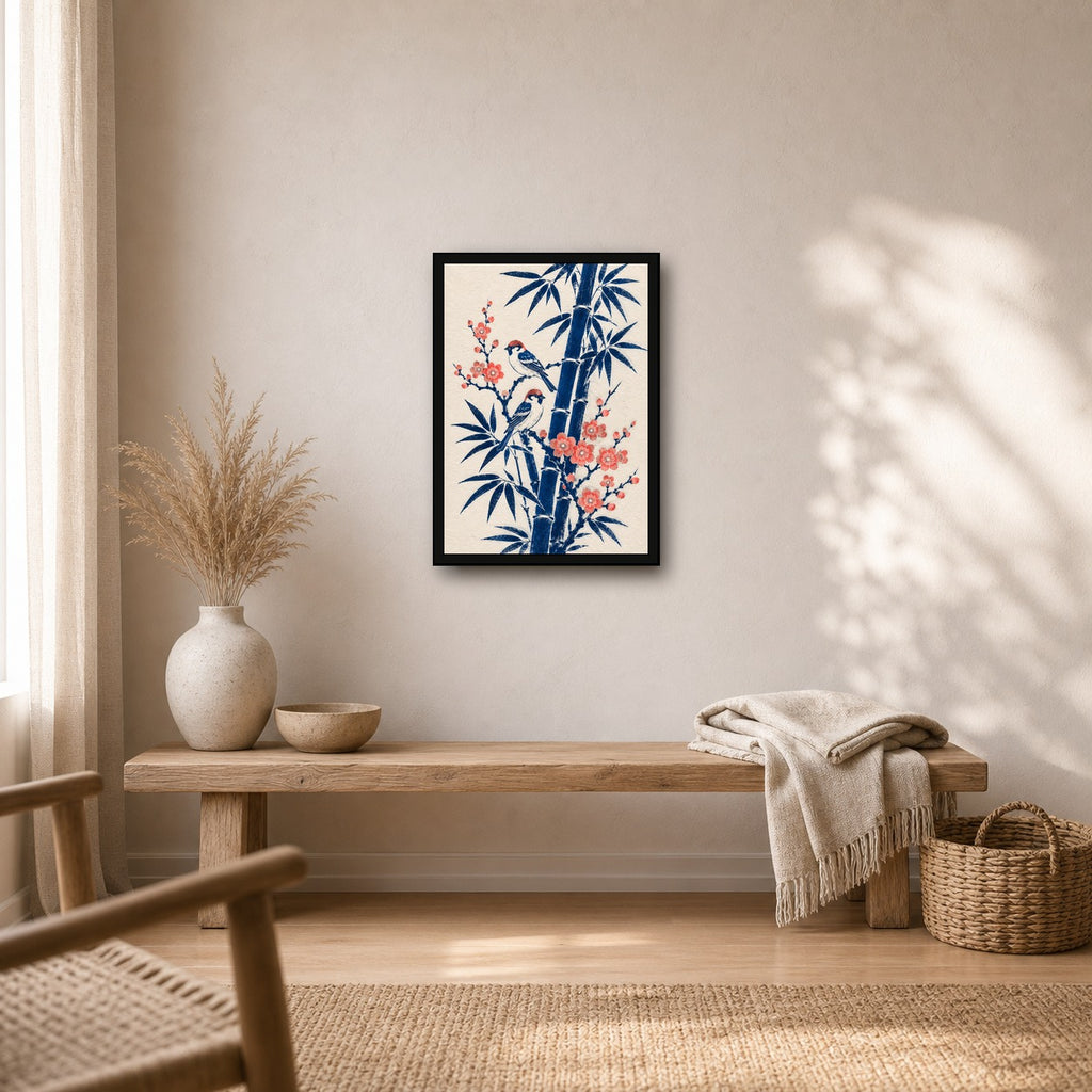 Sparrows Bamboo Blossom Japanese Retro Poster Print - A room mockup