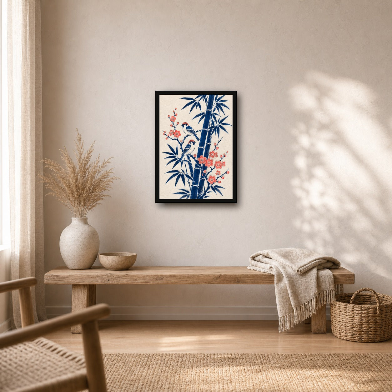 Sparrows Bamboo Blossom Japanese Retro Poster Print - A room mockup
