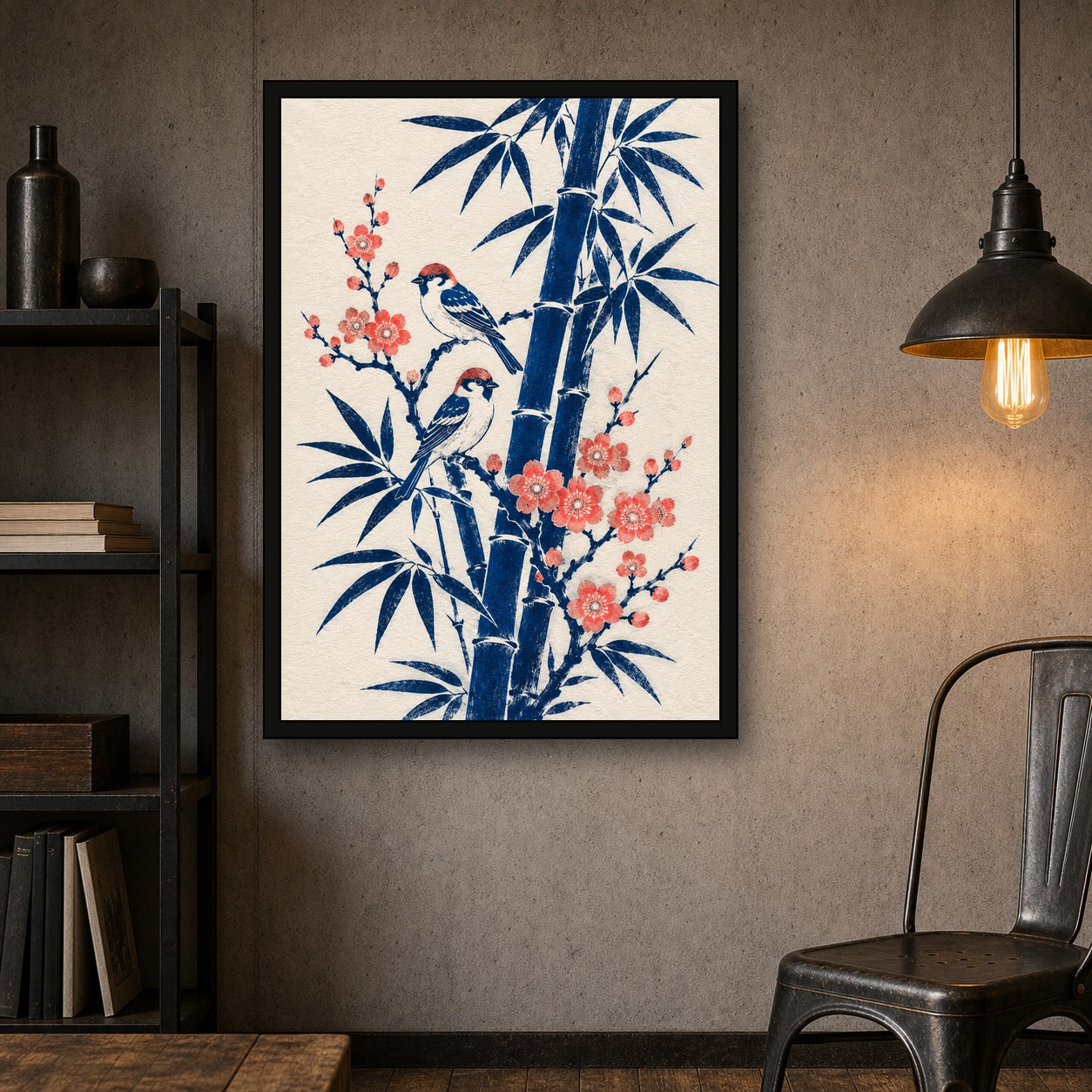 Sparrows Bamboo Blossom Japanese Retro Poster Print - A room mockup