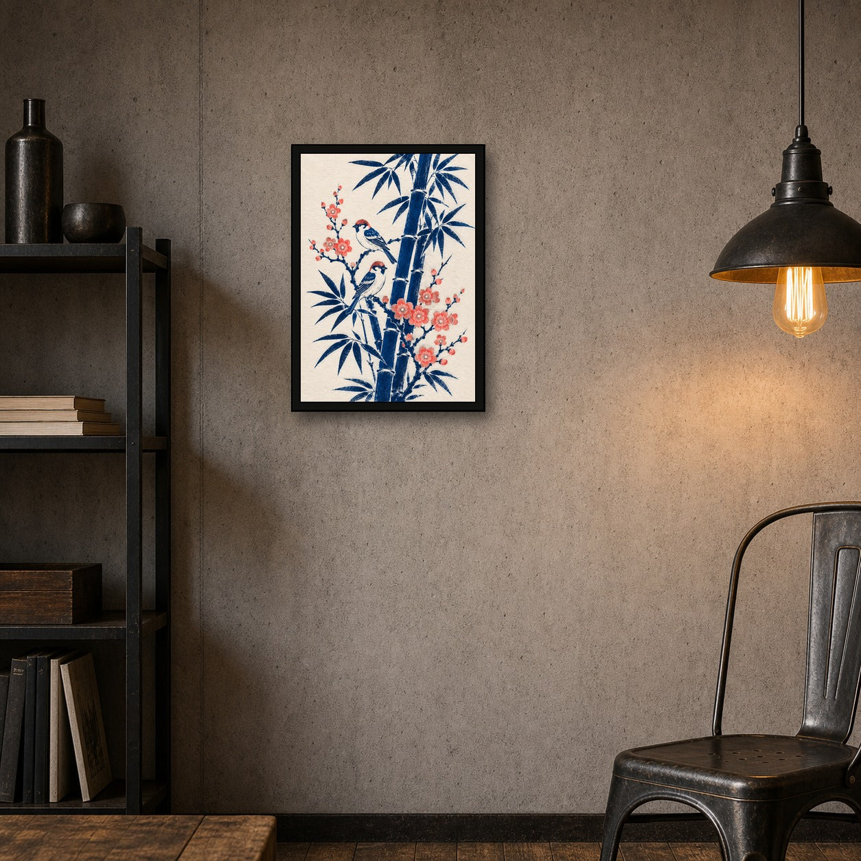 Sparrows Bamboo Blossom Japanese Retro Poster Print - A room mockup