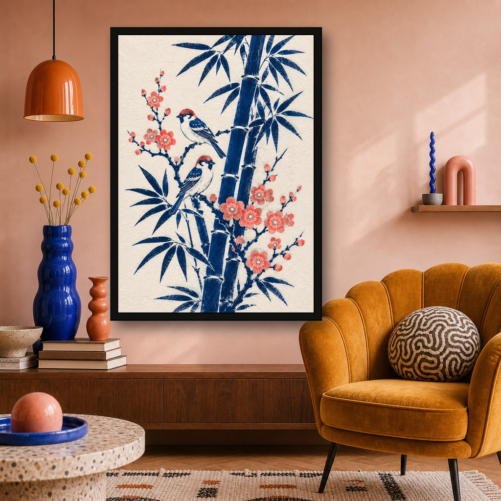 Sparrows Bamboo Blossom Japanese Retro Poster Print - A room mockup