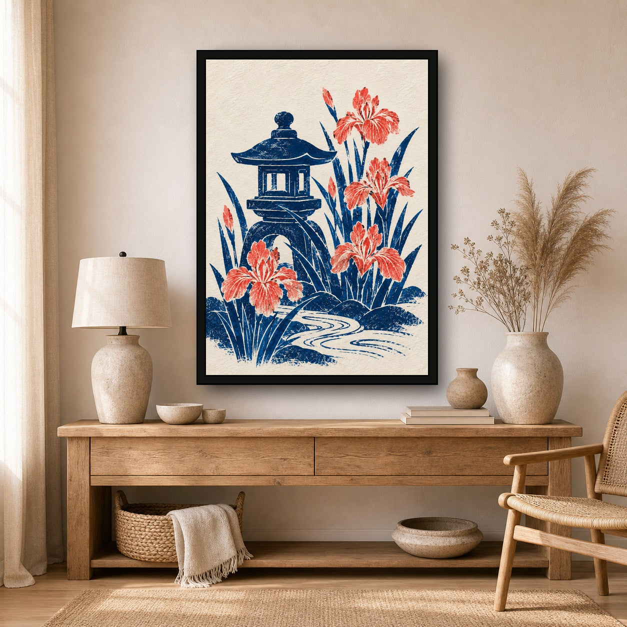 Stone Lantern Iris Japanese Retro Poster Print - A room mockup