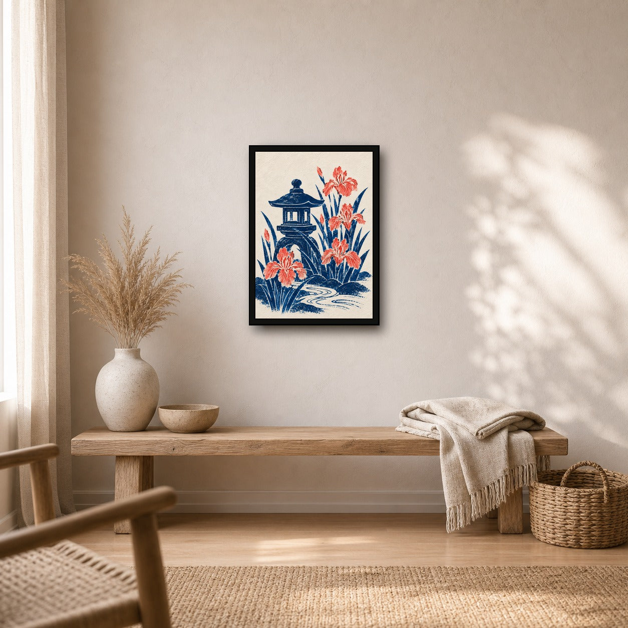 Stone Lantern Iris Japanese Retro Poster Print - A room mockup
