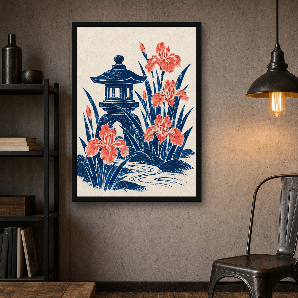 Stone Lantern Iris Japanese Retro Poster Print - A room mockup