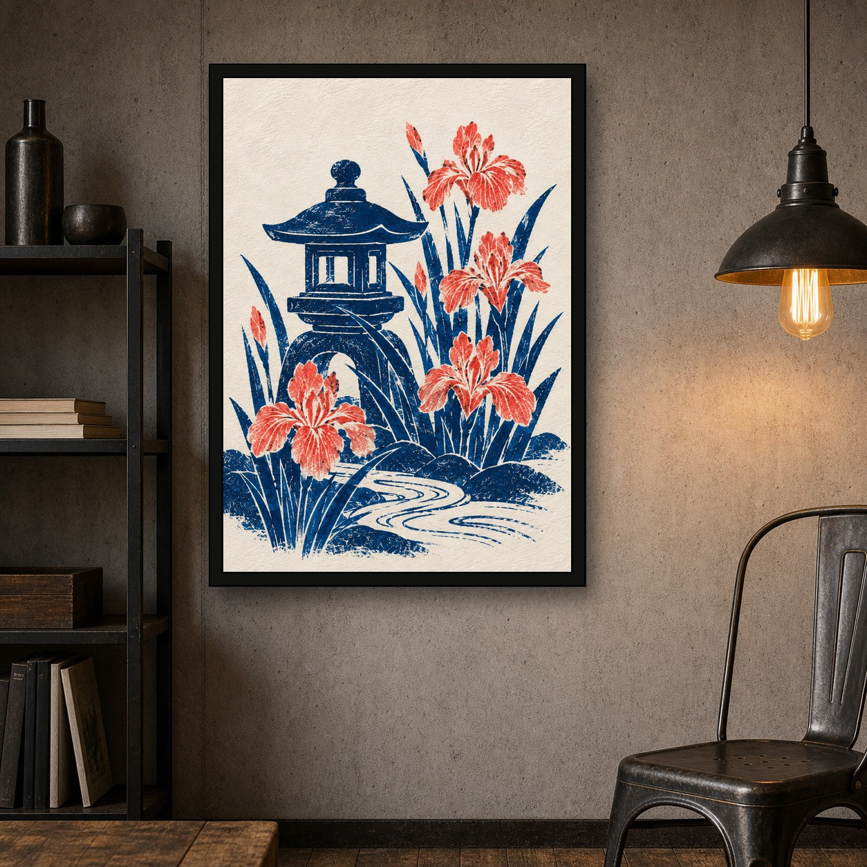 Stone Lantern Iris Japanese Retro Poster Print - A room mockup
