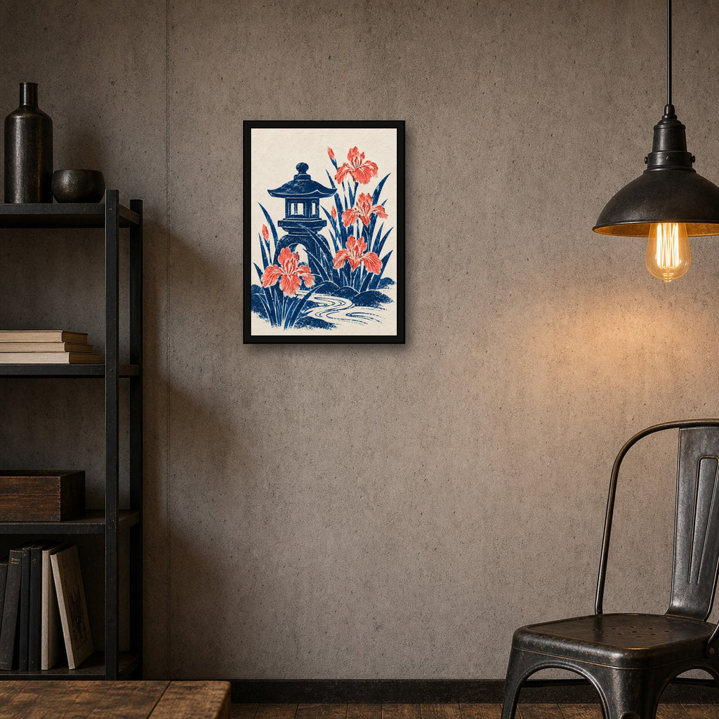 Stone Lantern Iris Japanese Retro Poster Print - A room mockup