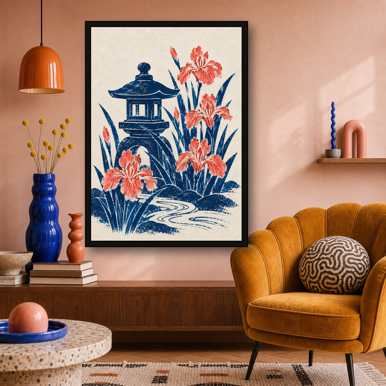 Stone Lantern Iris Japanese Retro Poster Print - A room mockup