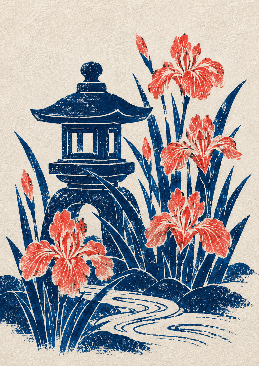 Stone Lantern Iris Japanese Retro Poster Print