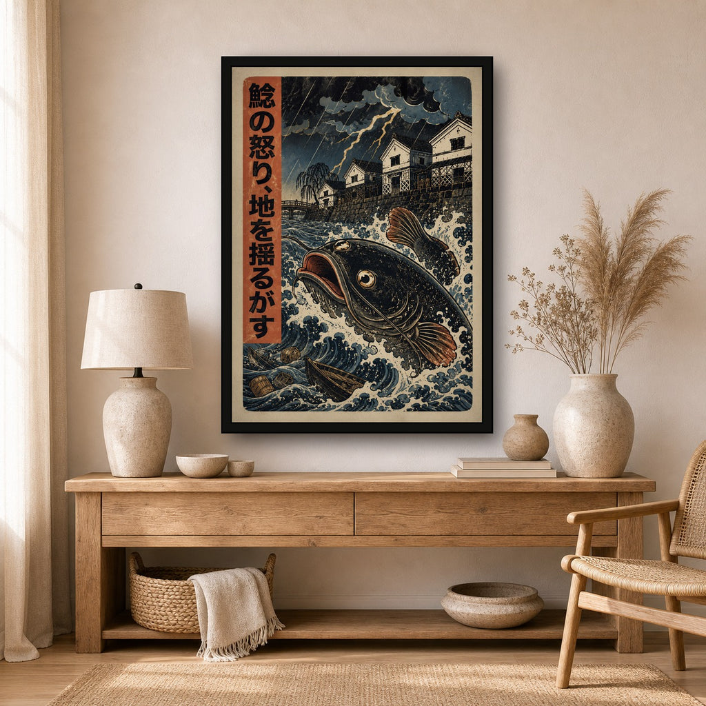Storm Koi Woodblock Poster, Japanese Nature Wall Art, Matte Print - A room mockup