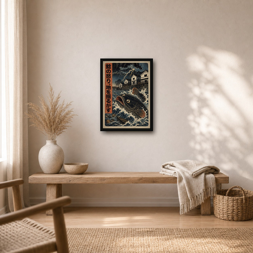Storm Koi Woodblock Poster, Japanese Nature Wall Art, Matte Print - A room mockup