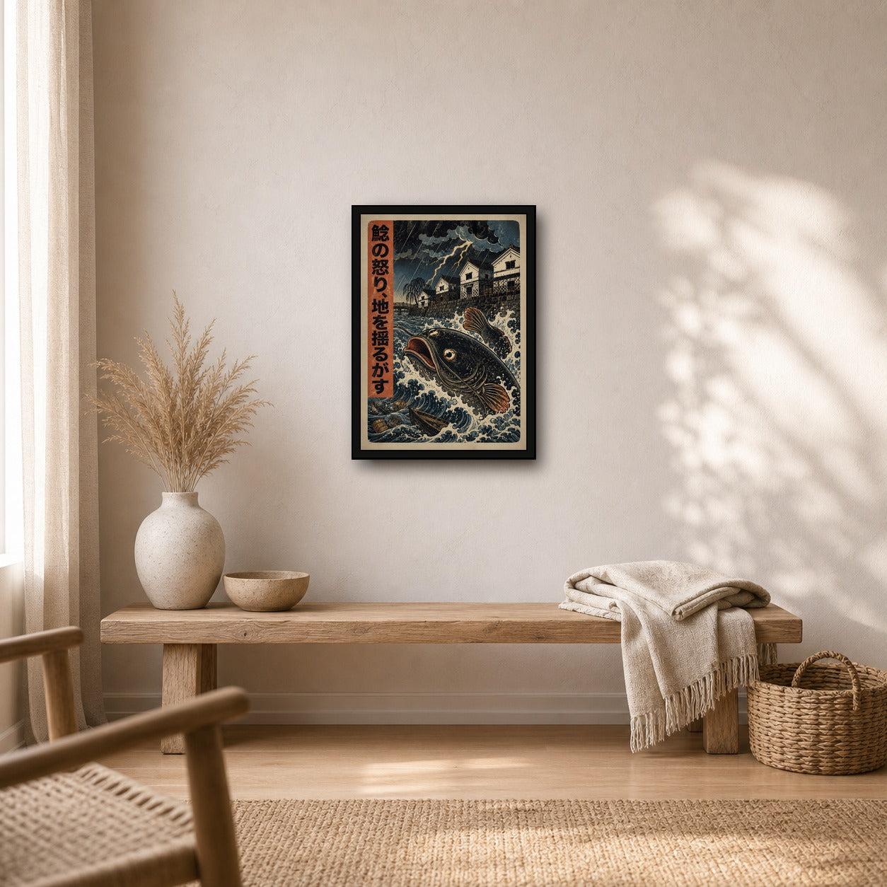 Storm Koi Woodblock Poster, Japanese Nature Wall Art, Matte Print - A room mockup