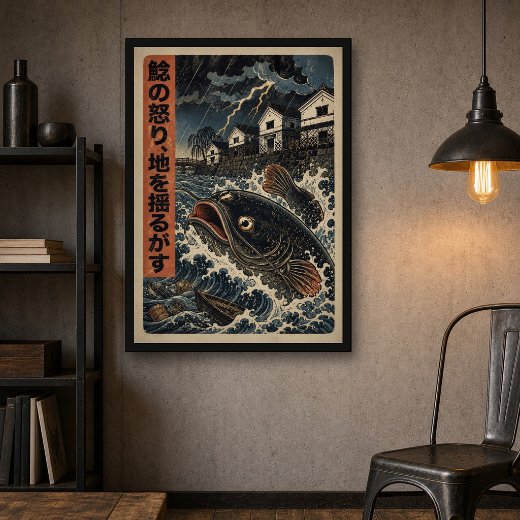 Storm Koi Woodblock Poster, Japanese Nature Wall Art, Matte Print - A room mockup