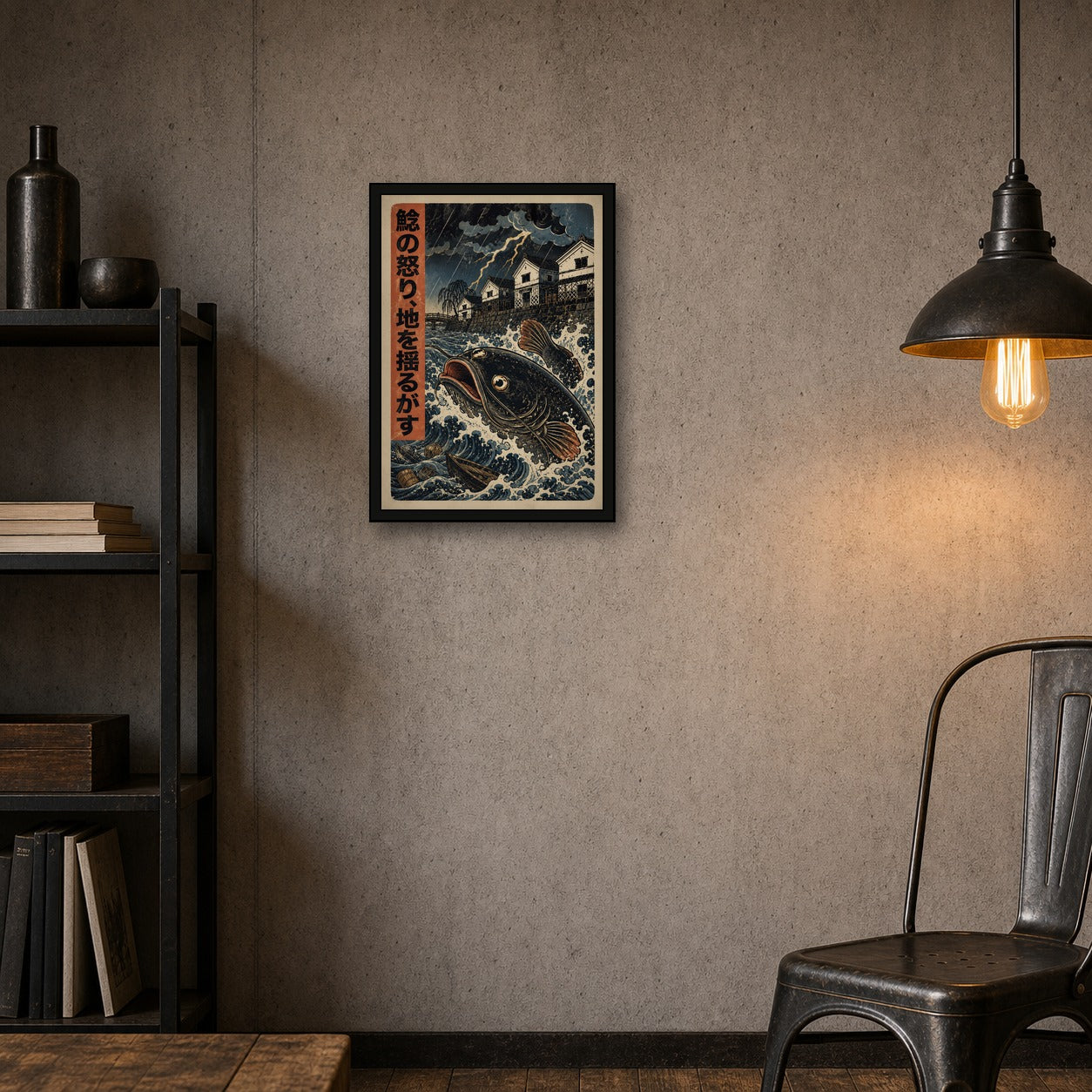 Storm Koi Woodblock Poster, Japanese Nature Wall Art, Matte Print - A room mockup