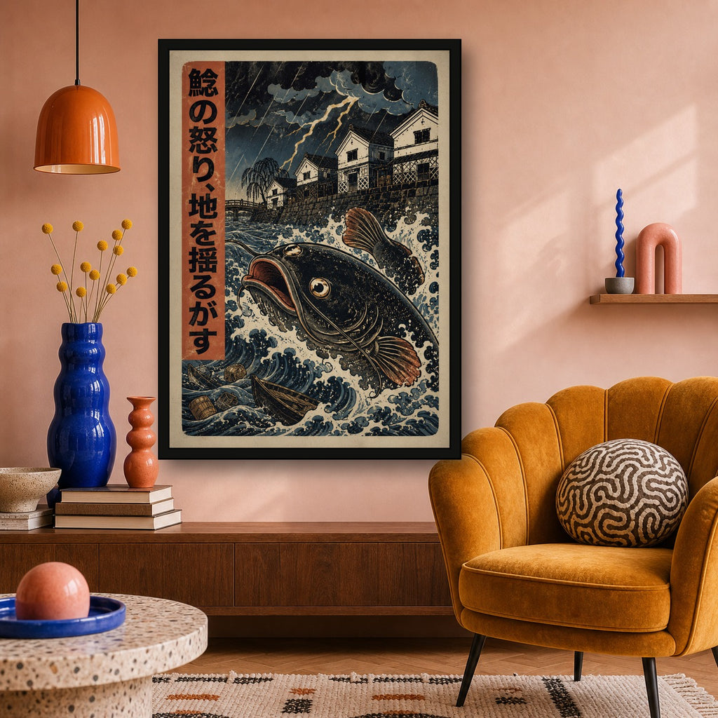 Storm Koi Woodblock Poster, Japanese Nature Wall Art, Matte Print - A room mockup