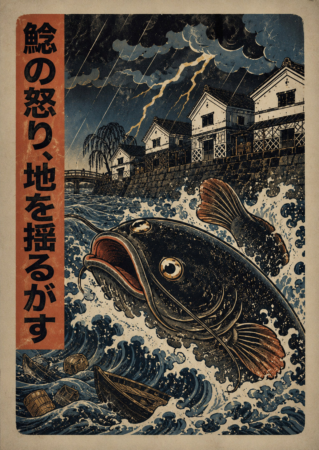 Storm Koi Woodblock Poster, Japanese Nature Wall Art, Matte Print