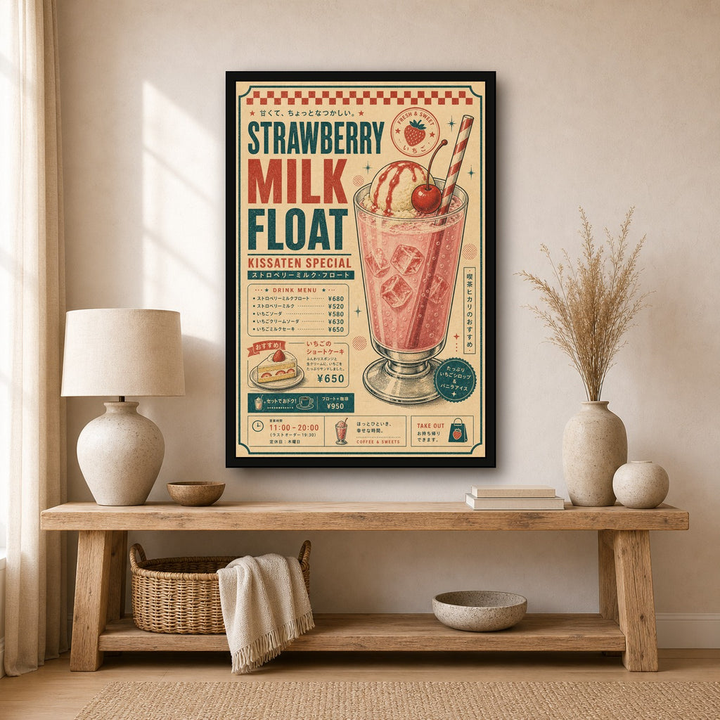 Strawberry Milk Float Japanese Retro Poster Print - 2x3 room mockup