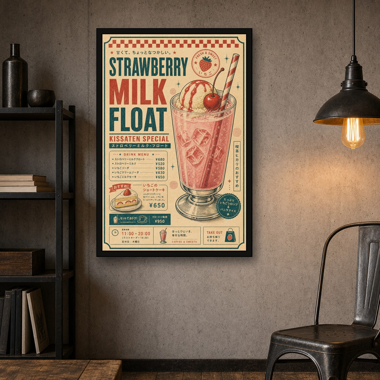 Strawberry Milk Float Japanese Retro Poster Print - 2x3 room mockup