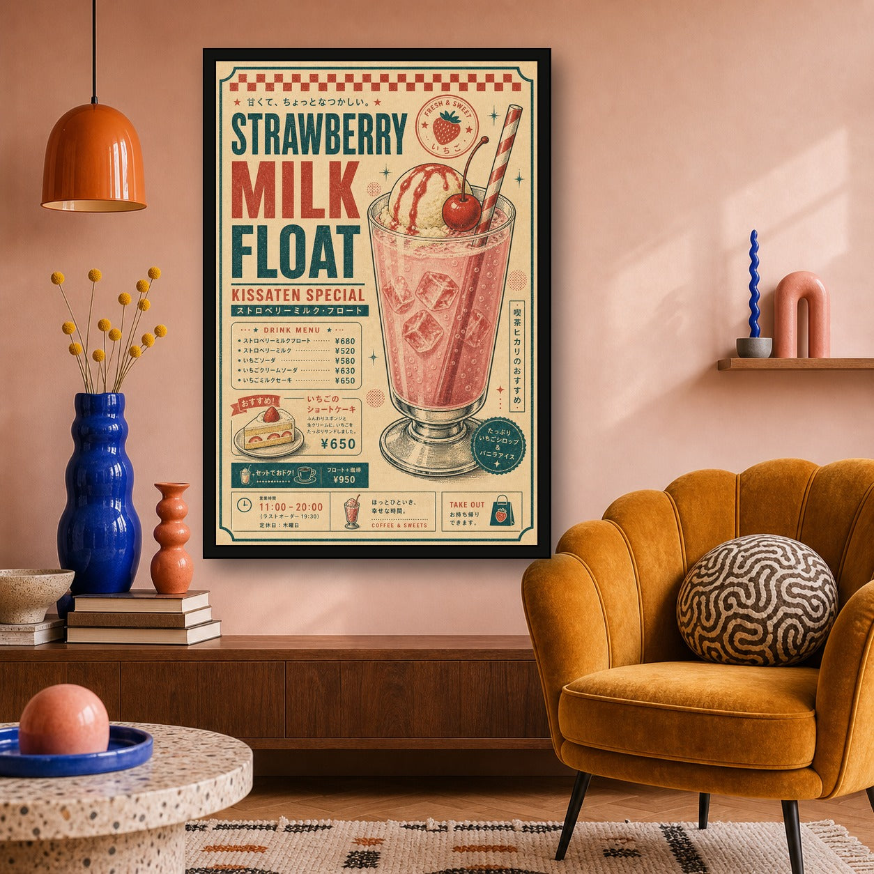 Strawberry Milk Float Japanese Retro Poster Print - 2x3 room mockup