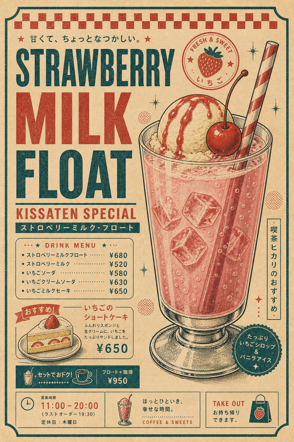 Strawberry Milk Float Japanese Retro Poster Print