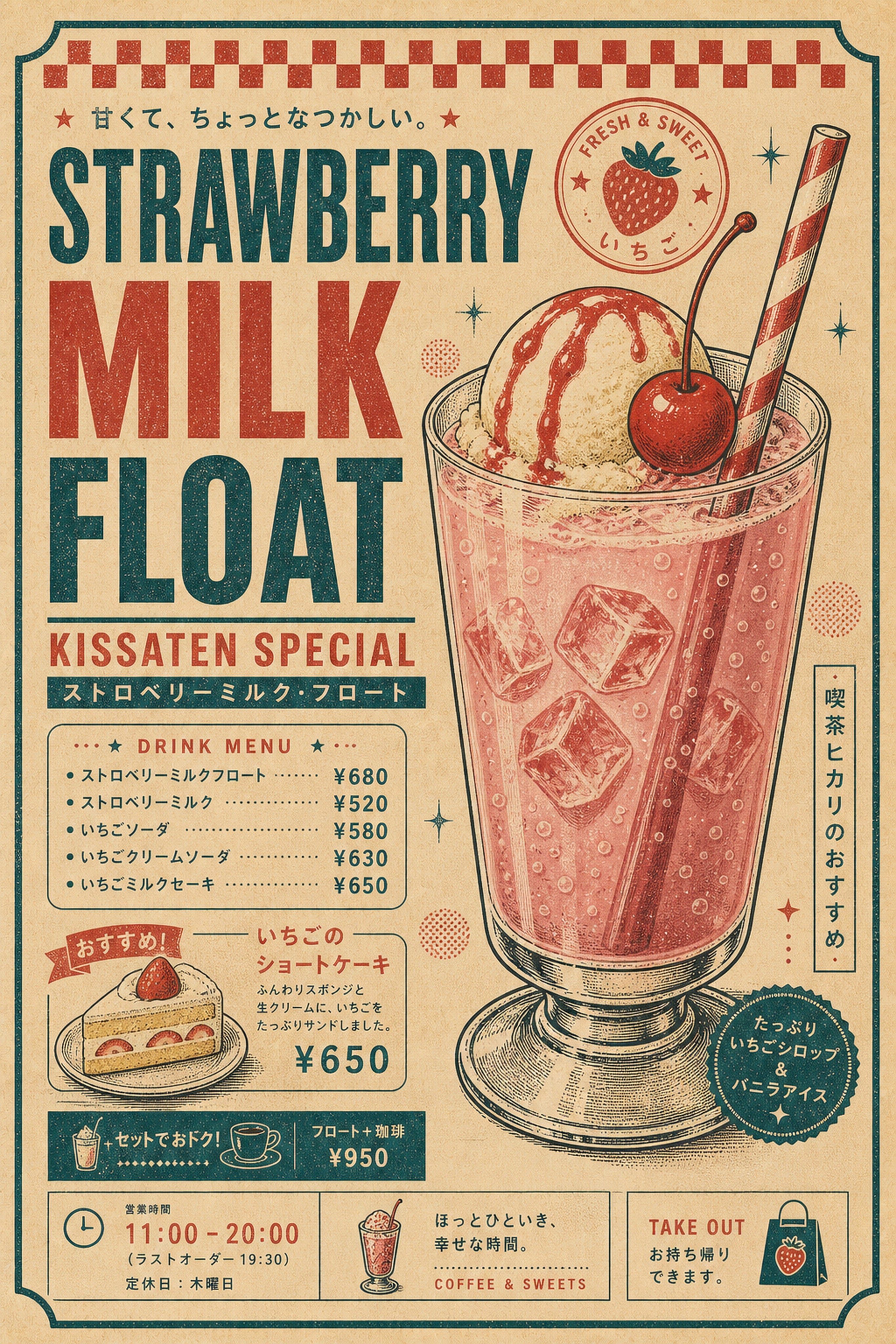 Strawberry Milk Float Japanese Retro Poster Print